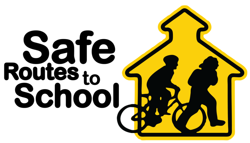 Logo, Safe Routes to School Program.Silhouette of one child walking and one child riding back