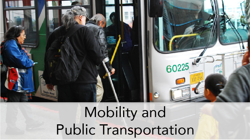 WTI-ProgramThumbTitle-Mobility and Public Transportation. Image subject: Passengers board public transit bus. One passenger has disability and used crutches.