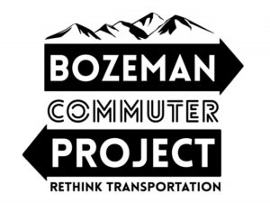 Logo for Bozeman Commuter Project with sub text "Rethink Transportation" Text overlays on arrows pointing in opposite directions, imply directions of commute. Background graphic of mountains.