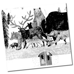 WTI Web Thumb WildlifeCrossing-Credit Irene Rinaldi- Rustic grayscale sketch of wildlife (bear, bison, wolf, fox, deer etc. crossing over roadway with vehicles.