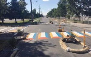 Temporary traffic calming installation, pedestrian crossing in Bozeman, Montana