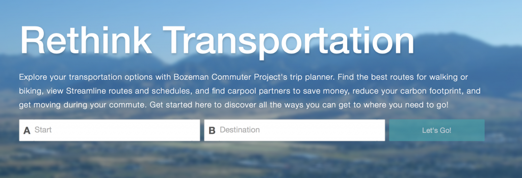 Screen shot of the Bozeman Commute.org website. Shows commute options after staff and destination are filled in.