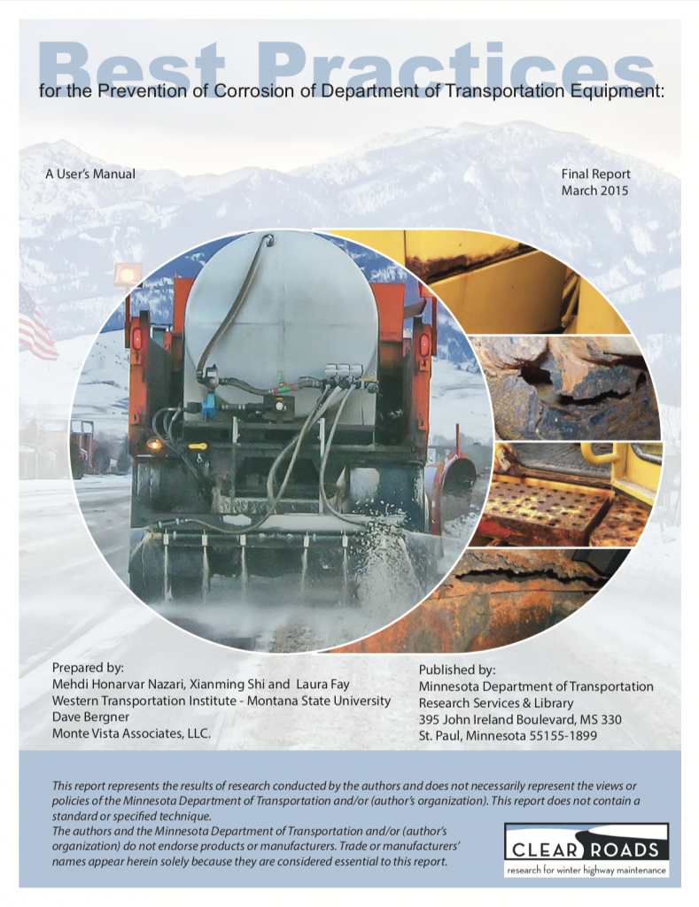 Best Practices Cover with image of deice fluid being applied and rust on snowplow equipment. Best Practices for prevention of corrosion in deice operations.