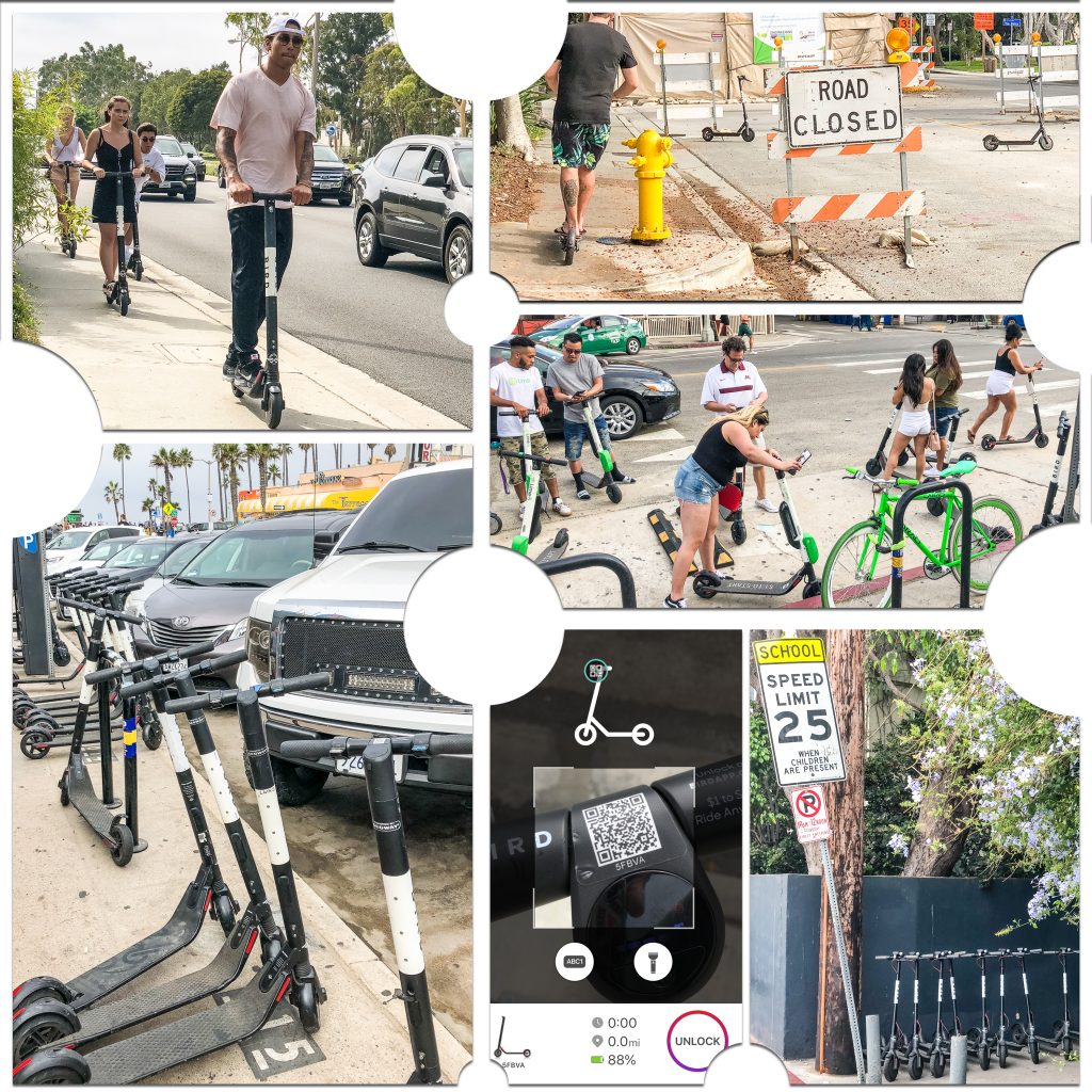 Collection of images of the public using the Popular dockless electric scooters in use around Los Angeles. 