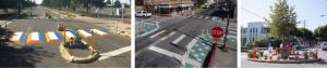 Examples of temporary "pop up" street features for safer streets in Bozeman. These features use chalk, straw bales and planters to build temporary roadway features.