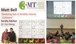 Collage of photos showing Matt Bell making presentation on wildlife collision models before an audience