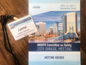 Photo of nametag and meeting agenda for AASHTO Safety Committee Annual Meeting 2019