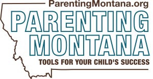 Logo for ParentingMontana.org shows outline of state with the website address and tagline "Tools for your child's success"