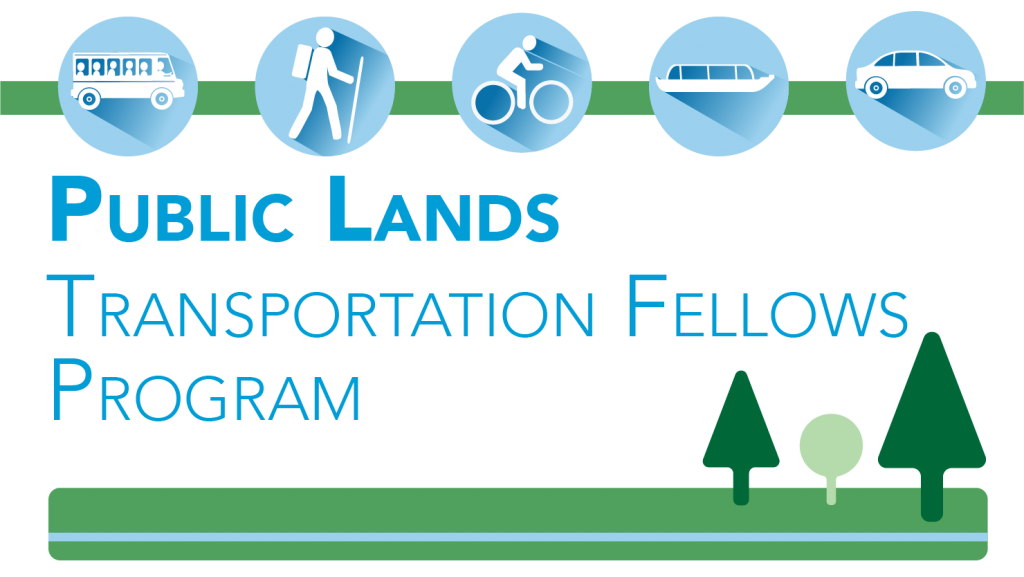 ogo: Transportation icons including, shuttle bus, hiker, cyclist, tour boat and car. Text: Public Lands Transportation Fellows Program