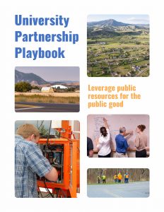Cover image of University Partnership Playbook with 5 photos of rural settings and transportation professionals