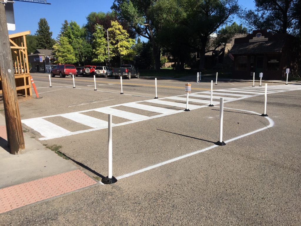 Traffic calming delineators installed along Main Street in Ennis, Montana