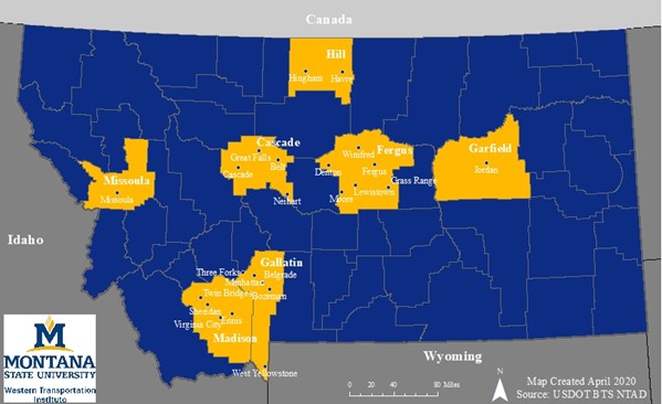 Map of Montana highlighting 7counties studied in fuel tax research: Missoula, Gallatin, Madison, Cascade, Hill, Fergus, and Garfield