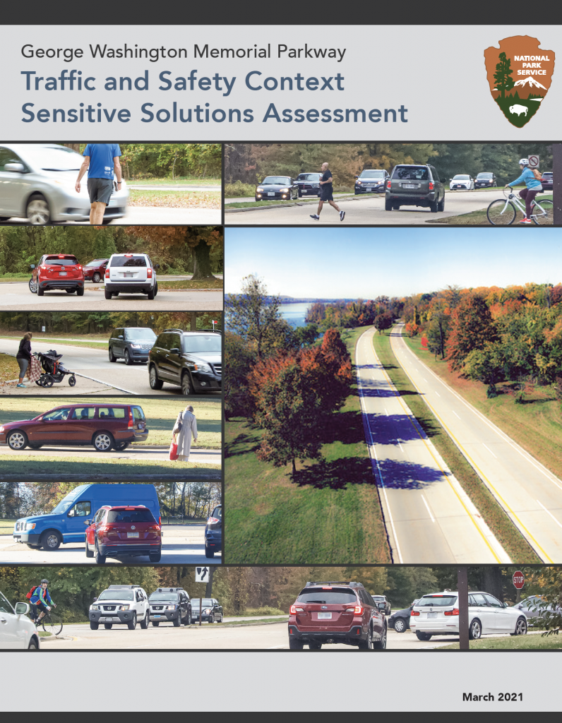 Report Cover for George Washington Memorial Parkway Safety Assessment with photos of pedestrian and cyclists sharing road with vehicles