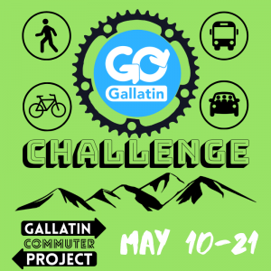 Logo for Go Gallatin Challenge from May 10 to May 21 with graphics of different transportation modes