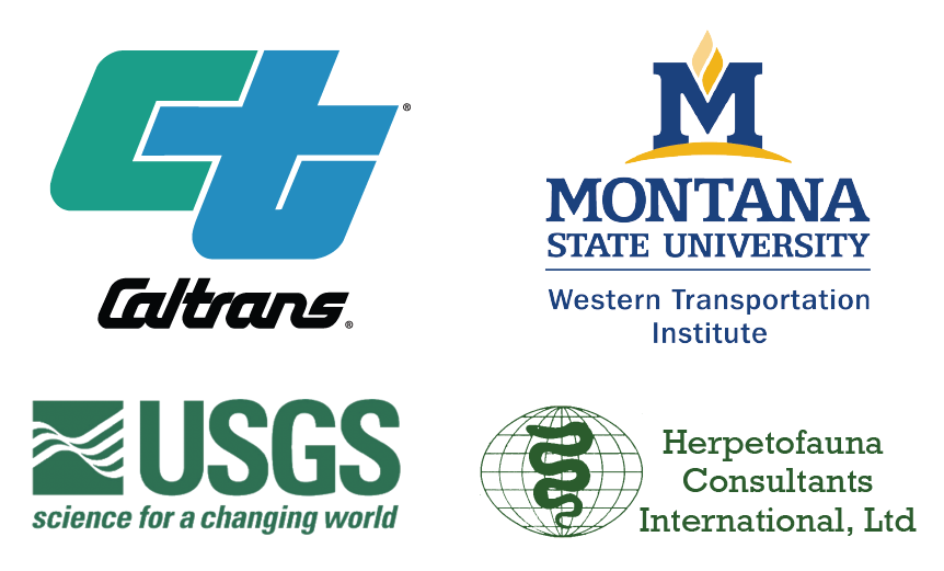 Graphic logos for Caltrans, Western Transportation Institute, USGS and Herpetofauna Consultants International, who are partners in the best practices guide for amphibian reptile road crossings.