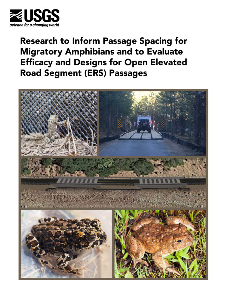 Report Cover USGS Research to Inform Passage Spacing Migratory amphibians and to evaluate efficacy and designs for open elevated road segment passages (ERS) passages.
