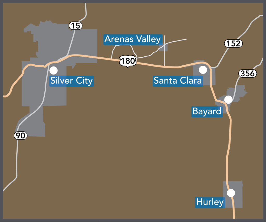 Map showing communities for Silver City, Arenas Valley, Santa Clara Bayard and Hurley along Hwy 180, New Mexico