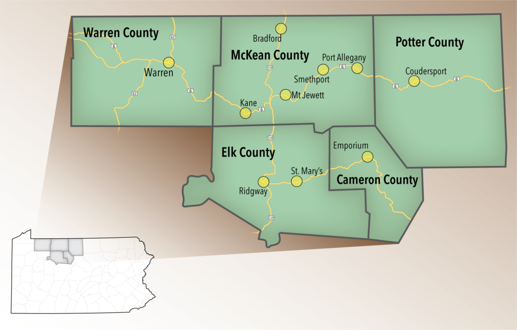 Map highlighting northern tier counties of Pennsylvania including Warren, McKkean, Potter, Elk and Cameron Counties. Focus markers highlight communities including Warren, Kane, Bradford, Coudersport, Ridgway and Emporium