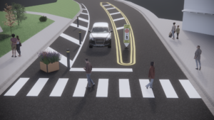 3D rendering of road with improved pedestrian crossing infrastructure and traffic calming.
