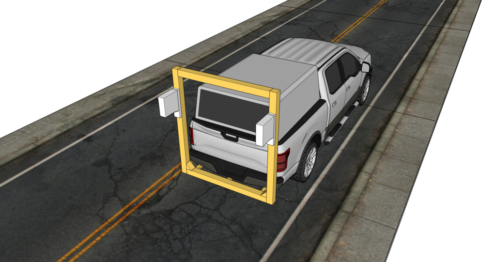 Conceptual graphic showing the two 3D cameras mounted to the back of a pickup truck using a square frame.