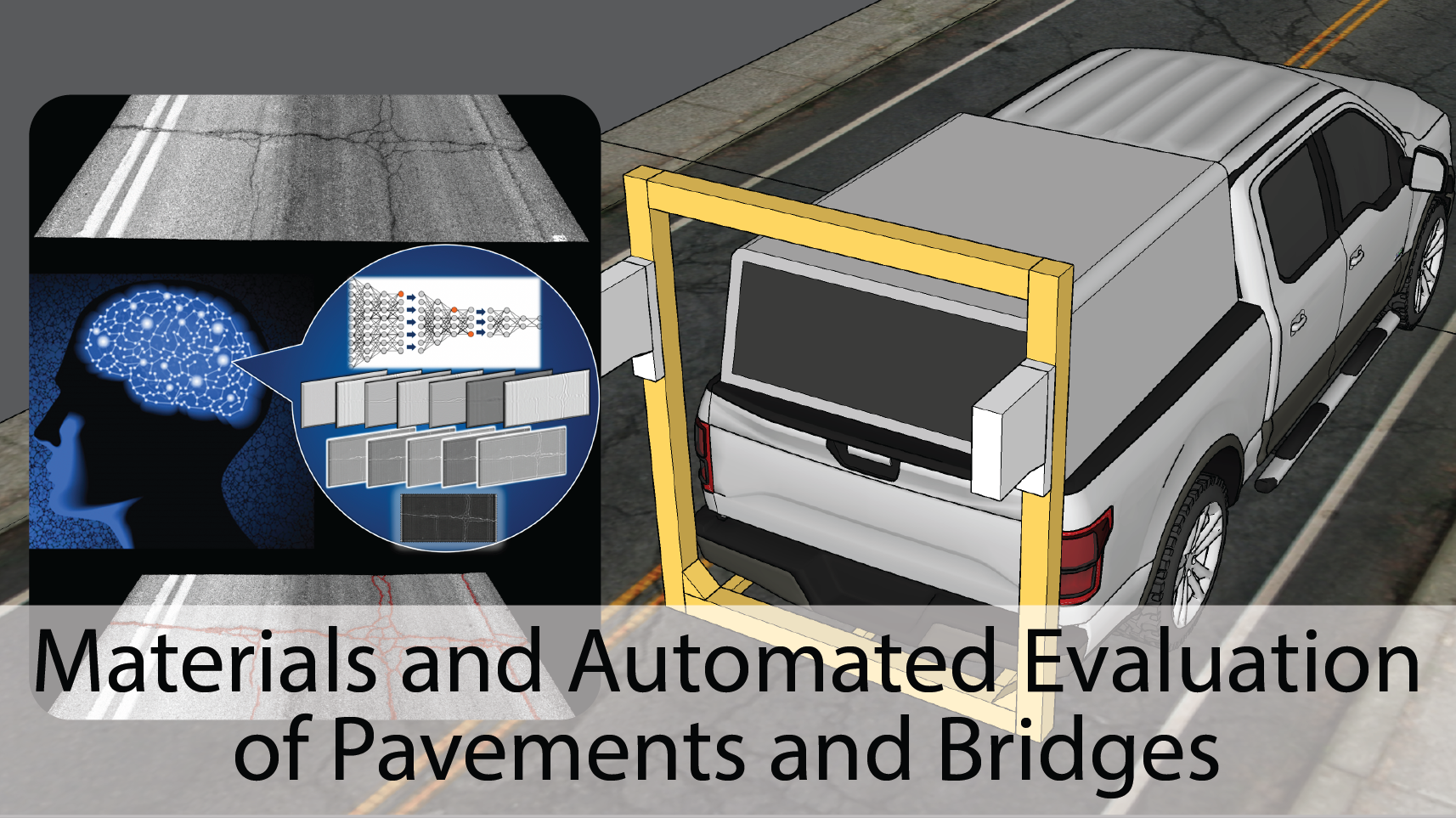 Graphic represenation if automated pavement evaluation vehicle and artificial intelligence evaluation.