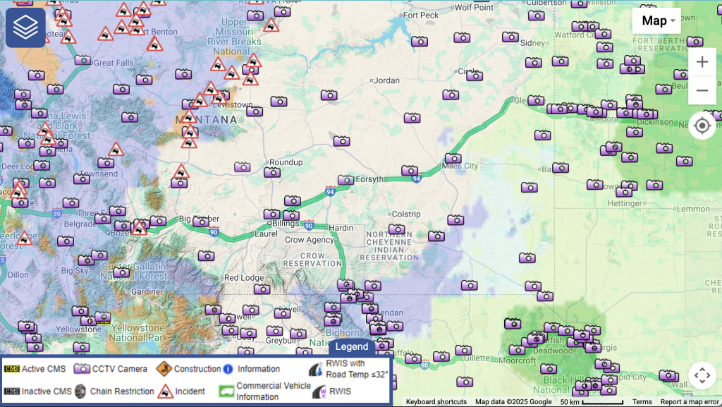 Screenshot of the OSS traveler information system. RWIS/CCTV cameras, traffic flow and Incidents are among the information displayed.